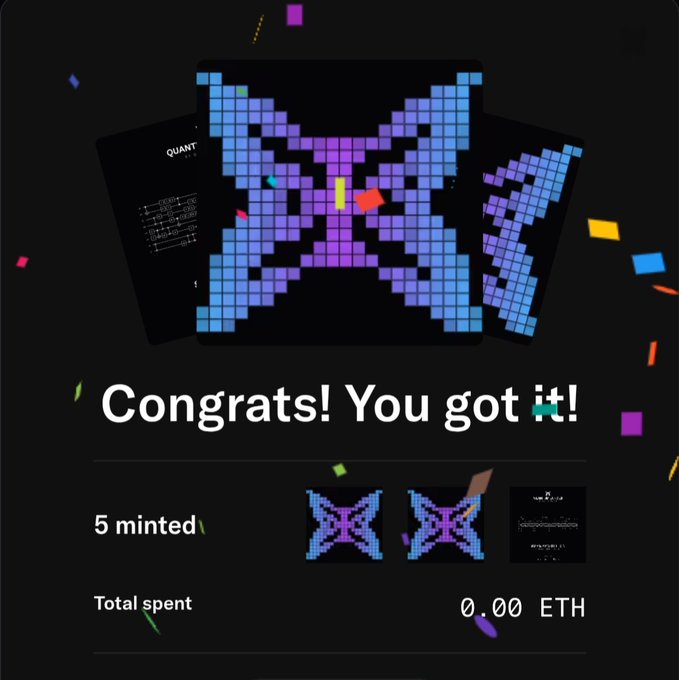 A digital minting confirmation screen displays a pixelated blue and purple NFT design with confetti effects, reading 'Congrats! You got it!' along with '5 minted' and 'Total spent 0.00 ETH'.