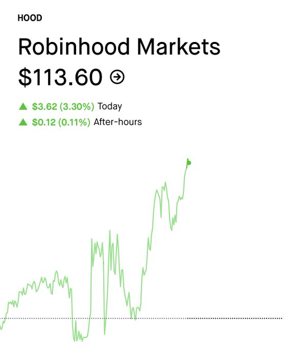 A stock chart showing Robinhood Markets (HOOD) at $113.60, up $3.62 (3.30%) today and $0.12 (0.11%) after-hours, with a green line graph trending upward.