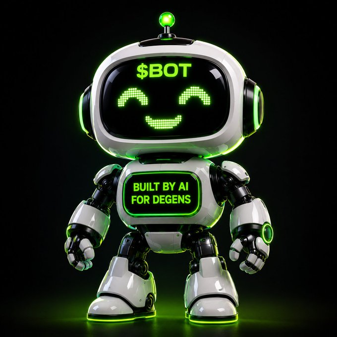 The image features a robot with a green face that says "BOT" and has a smiley expression, giving off an AI-like vibe. The robot is standing against a black background, which makes its white body stand out even more. The text on the robot's face reads "Built by AI for Deogens", indicating that it is an AI-powered trading system designed to analyze markets and identify opportunities.