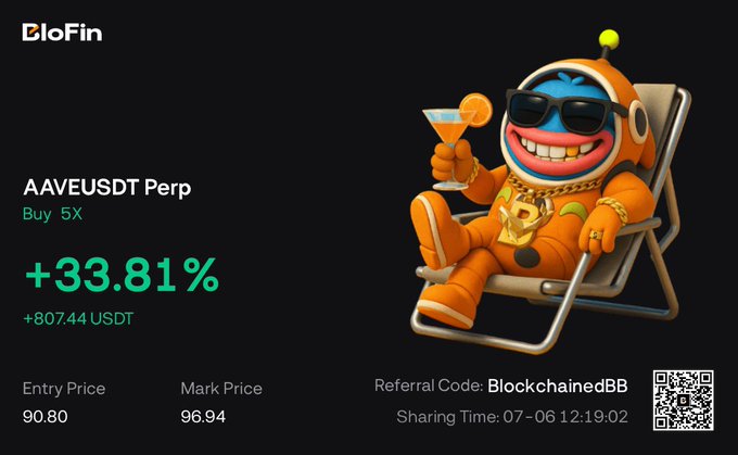 The image is a BloFin trading results card showing a profitable AAVEUSDT perpetual position with a 5X buy leverage, achieving a +33.81% gain (+807.44 USDT), with an entry price of 90.80 and mark price of 96.94, featuring a cartoon character in an orange astronaut suit lounging in a beach chair while holding a cocktail. The referral code "BlockchainedBB" and a QR code appear in the bottom right, with the share timestamp dated 07-06 at 12:19:02, celebrating the AAVE trade gains.