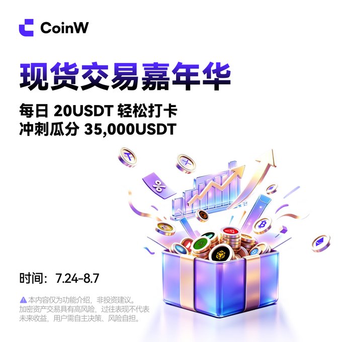 A CoinW promotional advertisement in Chinese featuring a colorful gift box filled with coins and an upward chart, advertising a '现货交易嘉年华' (Spot Trading Carnival) with daily 20USDT check-ins and a chance to share in 35,000USDT, running from 7.24-8.7.