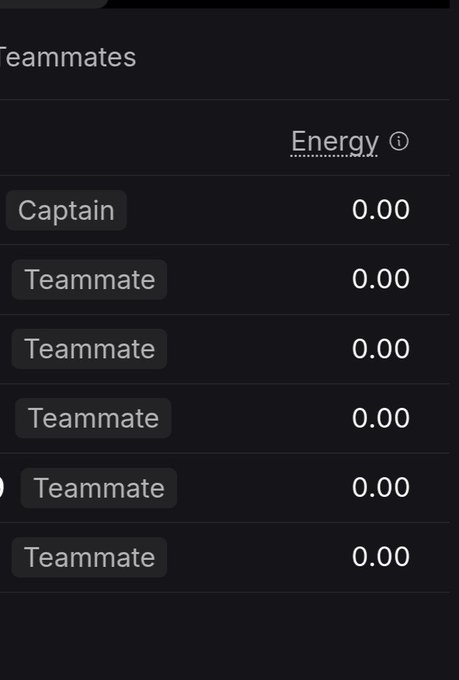 A dark-themed mobile app screen showing a 'Teammates' list with 'Energy' stats, where Captain and Teammates all show '0.00'.