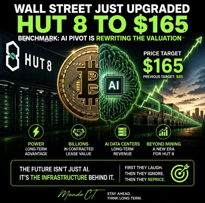 Promotional graphic announcing 'WALL STREET JUST UPGRADED HUT 8 TO $165' with a benchmark about 'AI PIVOT IS REWRITING THE VALUATION', highlighting a new price target of $165 (previous $85) and key points about power, contracted lease value, AI data centers, and beyond mining, signed 'Mando CT'.