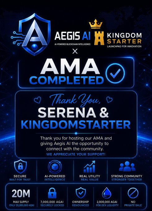 A dark blue promotional graphic titled 'AEGIS AI x KINGDOMSTARTER AMA COMPLETED', thanking 'SERENA & KINGDOMSTARTER' for hosting, with icons noting features like '20M MAX SUPPLY' and '7,000,000 AGAI SECURELY LOCKED'.