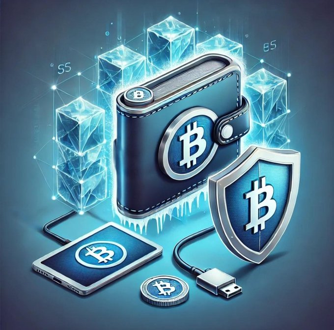 The image depicts a stylized blue Bitcoin-themed scene featuring a central wallet adorned with the Bitcoin "₿" symbol, flanked by ice cubes symbolizing "cold" storage, a security shield, a smartphone displaying a Bitcoin logo, and a USB cable and coin with the "₿" symbol, reinforcing the caption's message that weak wallet security—not Bitcoin itself—is vulnerable, emphasizing self-custody responsibility through the visual of cold wallet protection.