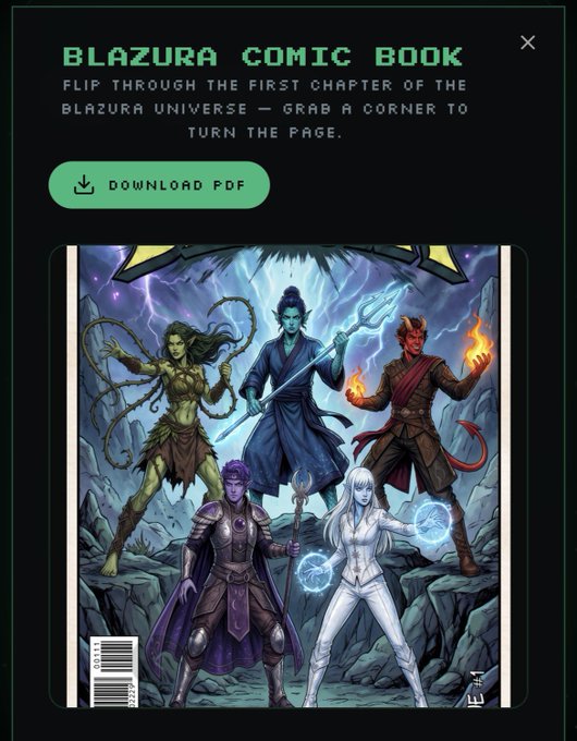 A digital comic book cover titled 'BLAZURA COMIC BOOK' features five fantasy characters in dynamic poses with a 'DOWNLOAD PDF' button above.