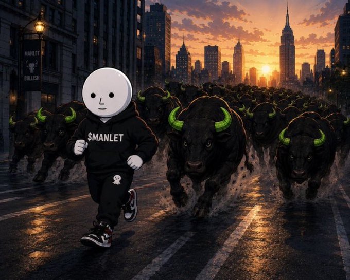 A scene showing a white figure wearing a '$MANLET' hoodie being chased by a stampede of black bulls with green horns through a city street at sunset, with a banner reading 'MANLET BULLISH'.