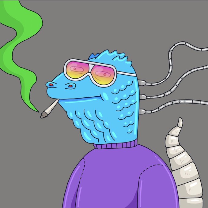 A cartoon illustration of a blue reptilian creature wearing a purple sweater and pink-tinted sunglasses, smoking a cigarette with green smoke, and featuring cybernetic cables and a segmented tail against a gray background.