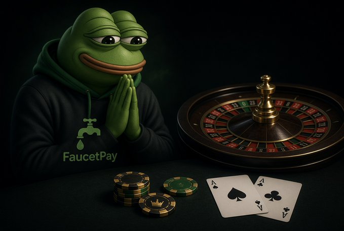 A Pepe the Frog character wearing a black sweatshirt bearing the "FaucetPay" logo (faucet icon with a water drop) sits in a praying pose beside a roulette wheel, stacks of casino chips, and two aces displayed on cards.