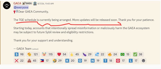 A Discord announcement from GAEA (@GAEA) on 8/7/26 at 11:43 AM addressed to "@everyone," stating that the TGE (Token Generation Event) schedule is currently being arranged with more updates coming soon, while warning that accounts spreading misinformation may face Sybil review and eligibility restrictions. The message, signed by the "GAEA Team" (edited), relates to the CEO's advisory team now managing the community to address previous disconnects and conflicts.