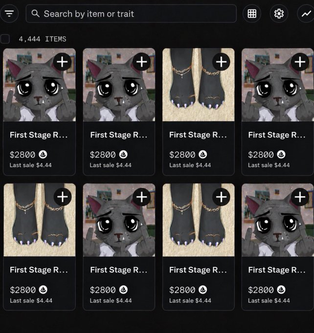 A digital marketplace listing showing multiple identical 'First Stage R...' items priced at $2800 with a last sale of $4.44, displaying character avatars and feet accessories.