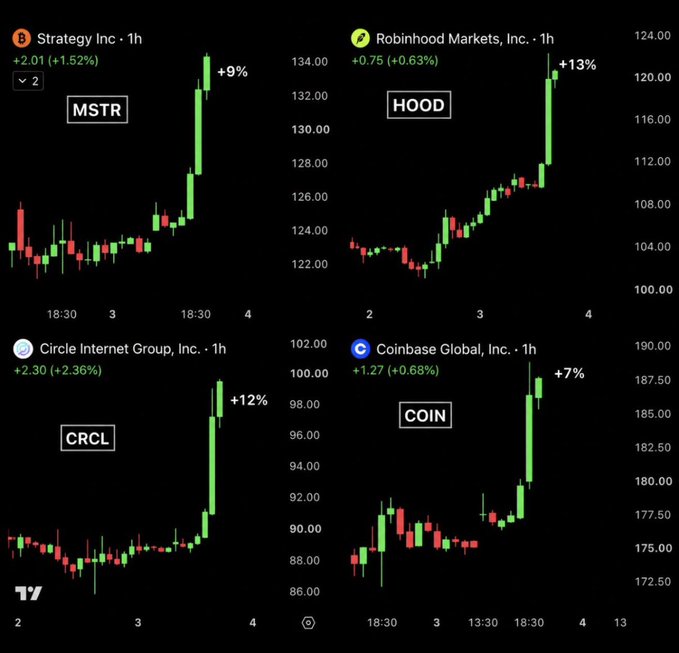 Four 1-hour stock charts showing significant gains for crypto-related companies: Strategy Inc (MSTR) +9% at $134, Robinhood Markets (HOOD) +13% at $124, Circle Internet Group (CRCL) +12% at $98, and Coinbase Global (COIN) +7% at $190.