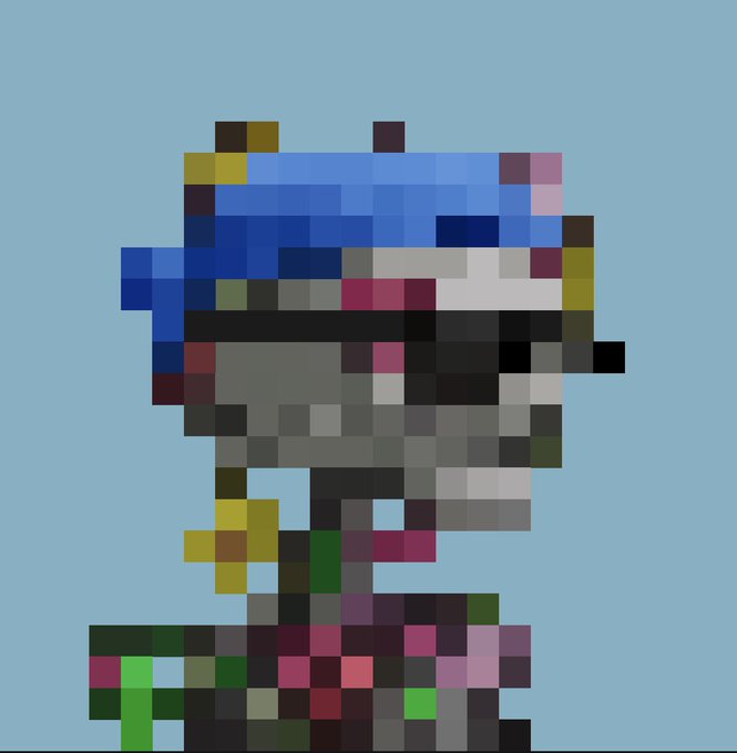 A pixel art portrait of a figure with a blue hat and dark face against a solid light blue background.