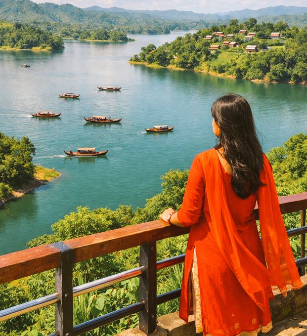 The image features a woman wearing an orange dress standing near a wooden railing overlooking a lake filled with boats, including canoes and motorboats. She appears to be enjoying her time at this scenic location. The surrounding area also includes trees, adding to the picturesque view of the water. The post seems to be promoting GM CT participation or possibly discussing the benefits of using canoes for travel on the lake.