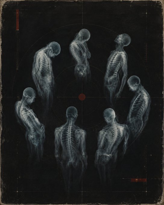 A dark, surreal artwork featuring translucent x-ray-like human figures arranged in a circle against a black background with red crosshair markings.