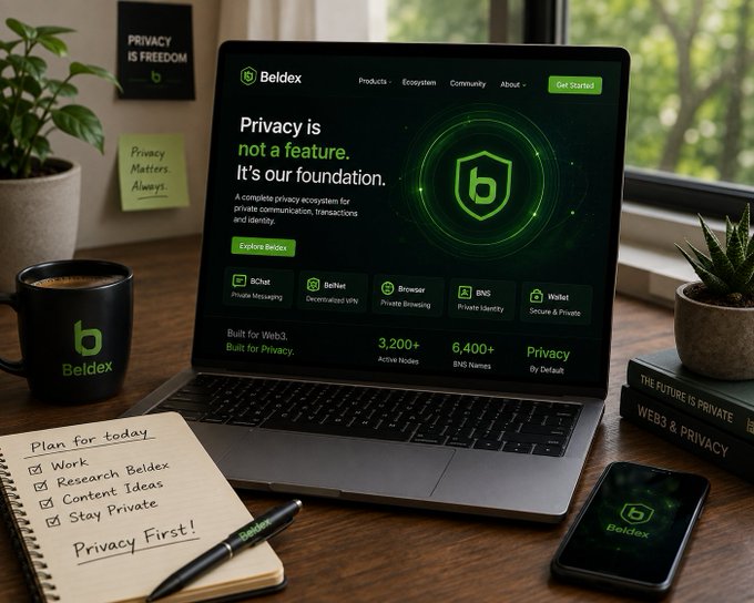 A productivity setup featuring a laptop displaying the 'Beldex' website with the slogan 'Privacy is not a feature. It's our foundation,' alongside a 'Plan for today' to-do list notebook emphasizing 'Stay Private!'.