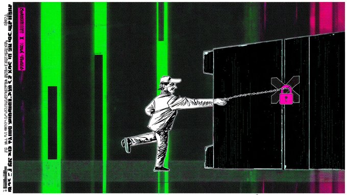 The image features a man wearing a white hat and pants, running past an open door with his hand outstretched towards a lock. The scene takes place against a black background with green stripes, giving it a futuristic feel. The caption of the image reads "THOR Chain @v12sec says it warned @thorchain about a critical fund-draining bug." This suggests that there is an ongoing issue related to the security of the THOR Chain system, and the researchers have been informed about this problem.