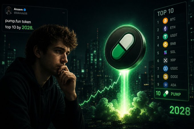 Digital artwork showing a man looking thoughtfully at a glowing green pill-shaped token launching like a rocket, with a tweet from @blknoiz06 saying 'pump.fun token top 10 by 2028' and a TOP 10 crypto list including BTC, ETH, USDT, BNB, SOL, XRP, USDC, DOGE, ADA, and PUMP.