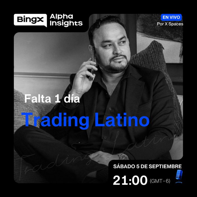A promotional graphic for BingX Alpha Insights advertising a live 'Trading Latino' event on Saturday, September 5 at 21:00 (GMT-6), featuring a black-and-white photo of a bearded man on a phone.
