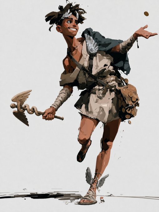 A lively digital painting of a winged, mischievous-looking young god with a laurel wreath, leaping joyfully while tossing a coin and wielding a caduceus staff, perfectly capturing the playful "new god unlocked" theme.