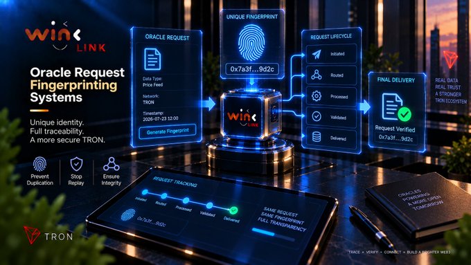 A promotional graphic for WINkLink's Oracle Request Fingerprinting Systems on TRON, featuring a futuristic interface that illustrates a request lifecycle flow—from initiation with data type and price feed details to a unique fingerprint (0x7a3f...9d2c), routing, processing, validation, and final verified delivery. The layout highlights key benefits like "Prevent Duplication," "Stop Replay," and "Ensure Integrity," visually reinforcing the post's message about full traceability and security across the request lifecycle.