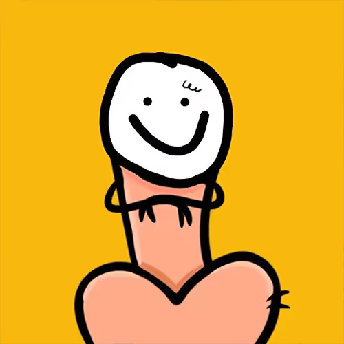 The user wants a concise caption describing the image.
I need to look at the image and identify the key visual elements.
- The image shows a cartoon character.
- The head is a white circle with a simple smiley face (two dots for eyes, a curved line for a mouth).
- The body is a long, peach-colored shape that looks like a phallus or a stick figure torso.
- The bottom part is a heart shape.
- The background is solid yellow.
- The style is simple, black outline, flat colors.

Now I need to relate this to the provided text: "Don't buy a single celebrity coin from any domestic KOLs They just wanna one-click sell, can't even be bothered to put on an act They're all a bunch of fucking scumbags".

The text is about "celebrity coins" and "KOLs" (Key Opinion Leaders) being scammers who just want to sell quickly and aren't genuine