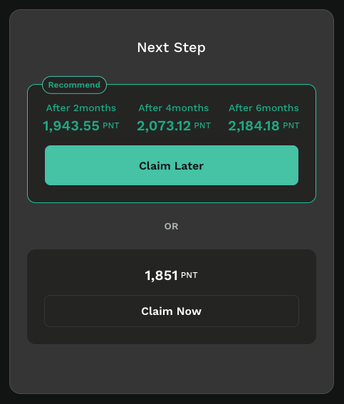 A "Next Step" decision screen from the Pheasant Network (PNT) airdrop claim page, recommending a "Claim Later" option that offers escalating rewards of 1,943.55 PNT after 2 months, 2,073.12 PNT after 4 months, or 2,184.18 PNT after 6 months, versus an immediate "Claim Now" payout of 1,851 PNT.