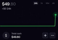 A digital earnings dashboard displays $49.80 in total cash with a +$0 24h change, showing a sharp spike at the end of a mostly flat line graph over 24h/7d/30d/All timeframes. The image appears to mock the post's promise of an easy "$5,000 giveaway," implying such "life-changing" crypto gains are likely misleading or nonexistent.