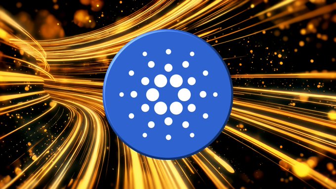 The blue Cardano (ADA) logo centered against a background of streaking orange and yellow light trails on black.