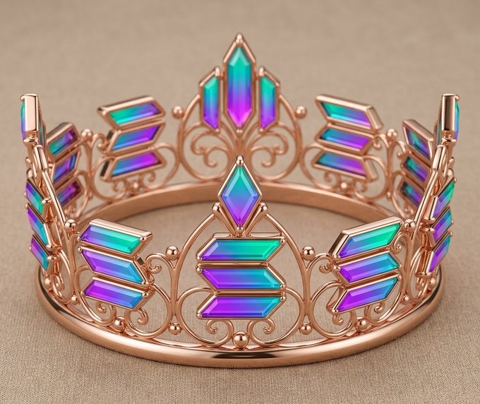 A rose gold tiara adorned with iridescent purple, blue, and green geometric gemstones, symbolizing a royal coronation. The image relates to the post by depicting a crown, representing the idea of Solana reaching a trillion-dollar market cap and "winning the crown" in the crypto space.