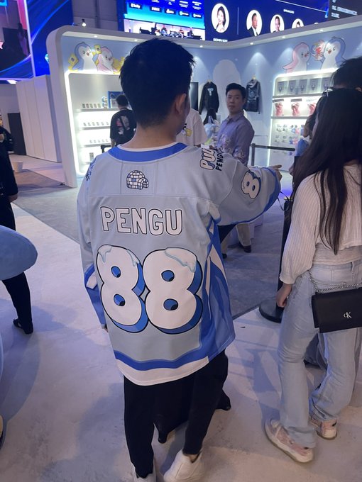 Photo from an event showing a person from behind wearing a white and blue hockey-style jersey with "PENGU" and the number "88" on the back.