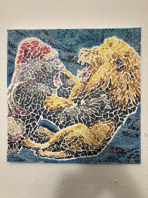 The image features an abstract painting of a gorilla and a lion, both depicted in a blue jungle setting with scattered pieces that resemble tiny trees. The background of the painting is white and appears to be made from small stones or pebbles, adding texture and depth to the piece. The painting is a mosaic art style, where the image is broken up into smaller pieces and reassembled into a single artwork. 

The painting has been posted on social media for sale, which suggests that it might be an NFT (non-fungible token) offering with additional benefits or features like a digital signature or limited edition status. In this case, the painting is worth $225 in addition to its artistic value. The price tag reads "‘Blue jungle’ $225 + $25 for NFT" or simply "$225".