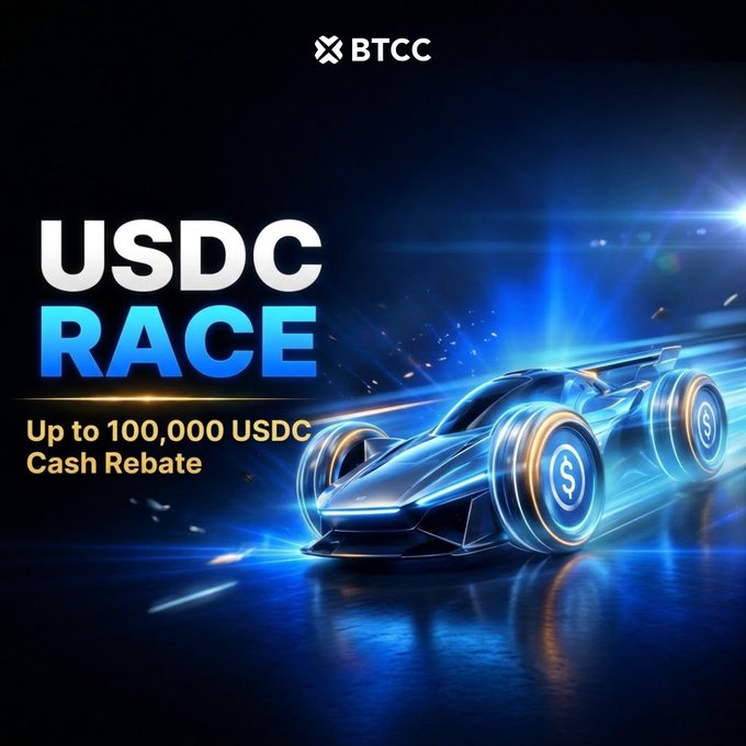 A BTCC promotional graphic shows a futuristic blue race car beside the text “USDC RACE” and “Up to 100,000 USDC Cash Rebate,” matching the post’s USDC rewards race promotion on BTCC.