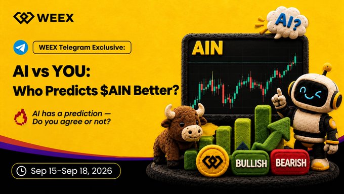 The promotional graphic for a WEEX Telegram exclusive titled "AI vs YOU: Who Predicts $AIN Better?" features a yellow background with a chart showing "AIN" alongside a cute AI robot character and a bull mascot, with "BULLISH" and "BEARISH" buttons inviting users to share their predictions of $AIN's next move after its 57% surge between September 15-18, 2026.