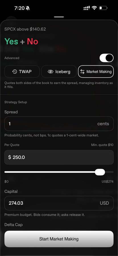 A mobile screenshot of the Talis trading app showing a Market Making strategy setup for SPCX above $140.62, with a 1-cent spread, $250.0 per quote, and $274.03 in capital, ready to start. The "Yes + No" header and Market Making tab illustrate the platform's algorithmic quoting feature for outcome markets.