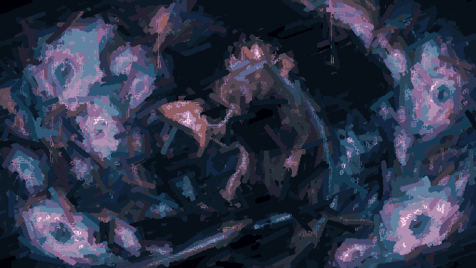 Abstract pixel art depicting figures in purple and blue tones, with a creature appearing to interact with tendril-like shapes in the center.