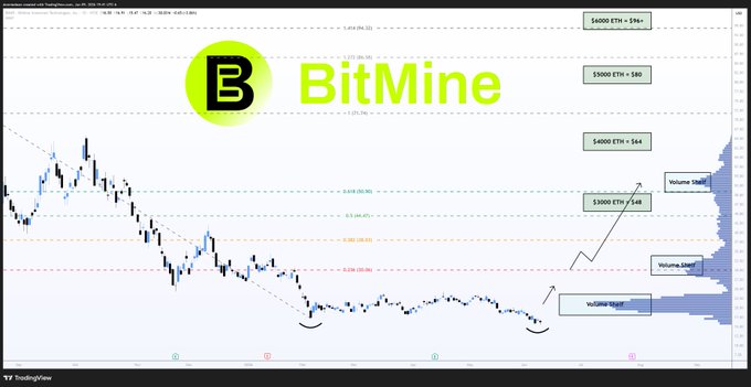 The image is a screenshot from an investment tracking website, specifically BitMINE, which displays a graph that represents cryptocurrency prices over time. The title of the chart is "BMNR BitMine Immersion - ALMOST 5% of ETH Supply! BMNR at 4.59% ofETH Supply (5.54M ETH held) Trading near NAV with $9.6B total crypto + cash + moonshots". This information provides a visual representation of the current cryptocurrency market conditions, where the price is relatively low and investors are looking for potential opportunities to trade and make money in this market.