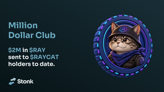 A promotional graphic for the "Million Dollar Club" from Stonk, stating "$2M in $RAY sent to $RAYCAT holders to date," alongside an image of a cat wearing a futuristic helmet and scarf.