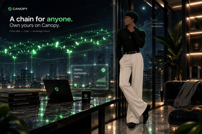 A CANOPY advertisement reading 'A chain for anyone. Own yours on Canopy. From idea → chain → sovereign future,' featuring a woman in a luxury high-rise overlooking a glowing holographic network with options to Deploy, Customize, and Own.