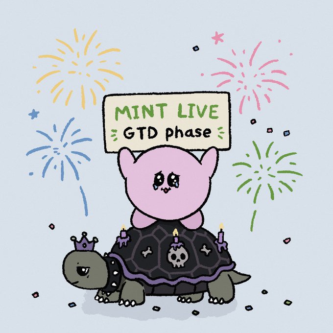 An illustration of a pink creature riding a turtle with a birthday cake on its shell, holding a "MINT LIVE - GTD phase" sign surrounded by fireworks.