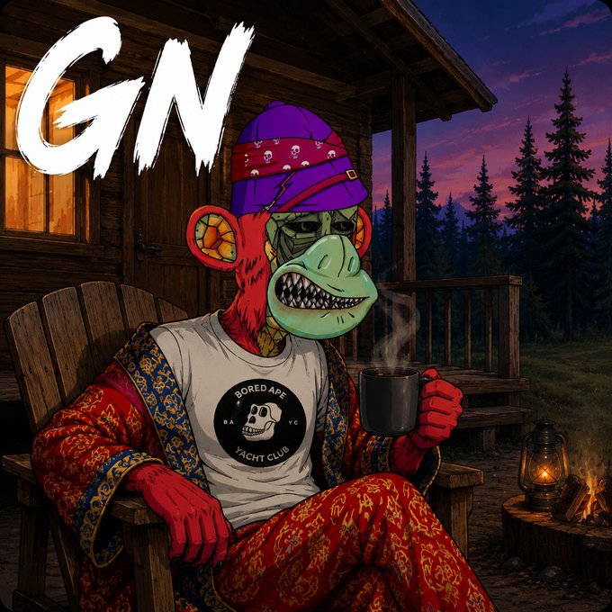 A digital illustration of a Bored Ape character wearing a purple beanie and a 'BORED APE YACHT CLUB' t-shirt, sitting in a chair holding a mug, with 'GN' text overlaid.