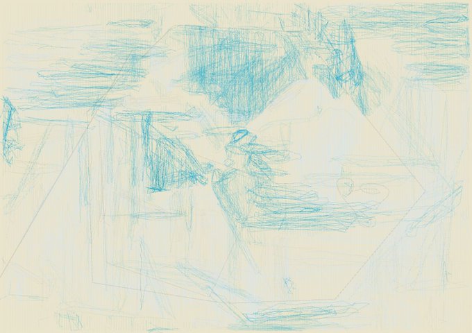 A light blue pencil sketch on paper showing loose, abstract linework and shading that resembles an unfinished landscape or structural study.