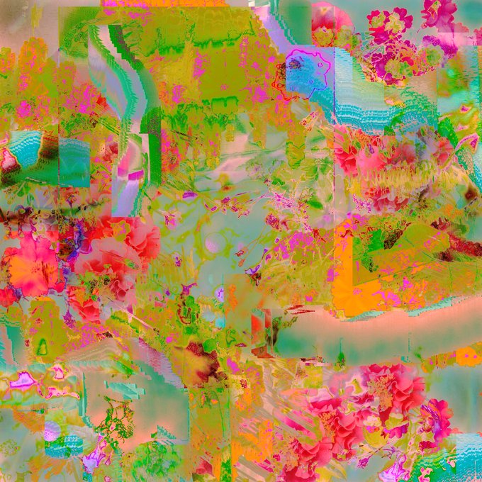A vibrant, glitchy digital collage featuring abstract floral motifs in neon pinks, greens, oranges, and teals, with painterly textures and pixelated distortions layered throughout. This kaleidoscopic piece, titled "flowers 061" by @joja_peaches on @objktcom, transforms traditional flower imagery into a psychedelic, corrupted digital landscape.