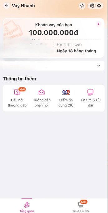 A mobile app interface in Vietnamese titled 'Vay Nhanh' (Quick Loan) showing a loan balance of '100.000.000đ' and various menu options like 'Câu hỏi thường gặp' (FAQ) and 'Hướng dẫn phản hồi' (Feedback Guide).