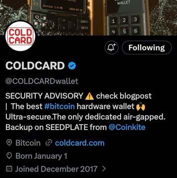 A Twitter/X profile page for COLDCARD (@COLDCARDwallet), describing it as 'The best #bitcoin hardware wallet' with a security advisory, showing it was born January 1 and joined December 2017.