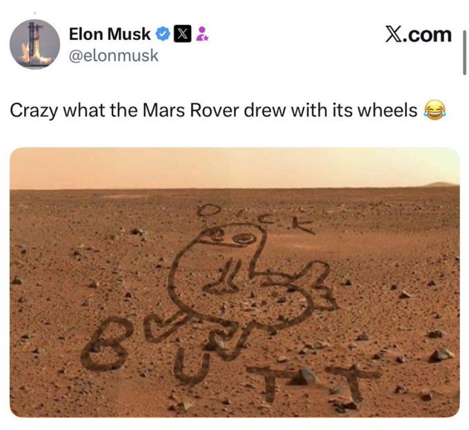 The image features a meme with a drawing of a Mars Rover and the text "Crazy what the Mars Rover drew with its wheels" written below it. The caption reads "Focus on what is in the image and how it relates to the post".