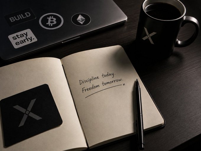 Moody desk scene with a notebook reading 'Discipline today. Freedom tomorrow. - x', a laptop with Bitcoin and Ethereum stickers, a black coffee mug with an X logo, and a pen.