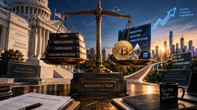 A composite image depicting crypto regulation, featuring the US Capitol building with pillars labeled Policy, Stability, and Investor Protection, a balance scale weighing books (Laws, Regulations, Compliance, Consumer Protection) against cryptocurrencies (Bitcoin, Ethereum, Solana), and a cityscape with text 'Crypto A Bigger Tomorrow.'