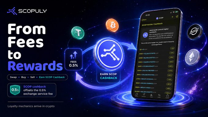 A Scopuly promotional graphic featuring the "From Fees to Rewards" campaign, displaying a 0.5% cashback offer on exchange service fees, alongside a smartphone showing the Scoply app interface with SCOP Holder Cashback details and various cryptocurrency tokens including Bitcoin, Tether, and Ethereum.