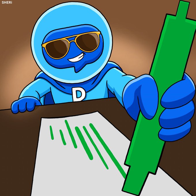 A blue cartoon character wearing sunglasses and a "D" emblem holds a large green candle, representing a bullish market move, while signing off on a paper below — bringing to life the post's celebration of Dili's "green candle" approval for the DlicomApp community.